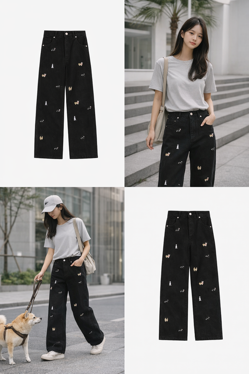 Puppy Embroidered Wide-Leg Jeans