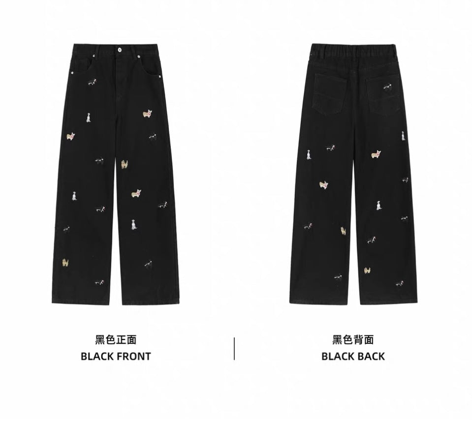 Puppy Embroidered Wide-Leg Jeans