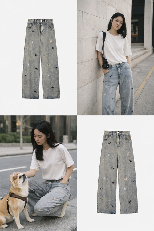 Puppy Embroidered Wide-Leg Jeans